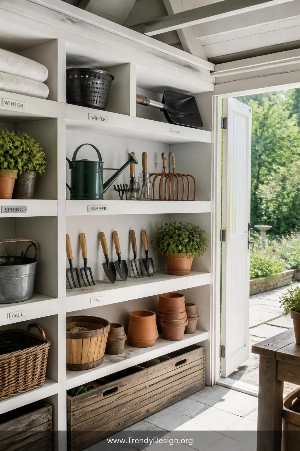 A wide-angle photorealistic shot of a well-organized shed interior showing a floor-to-ceiling white-painted wooden shelving u