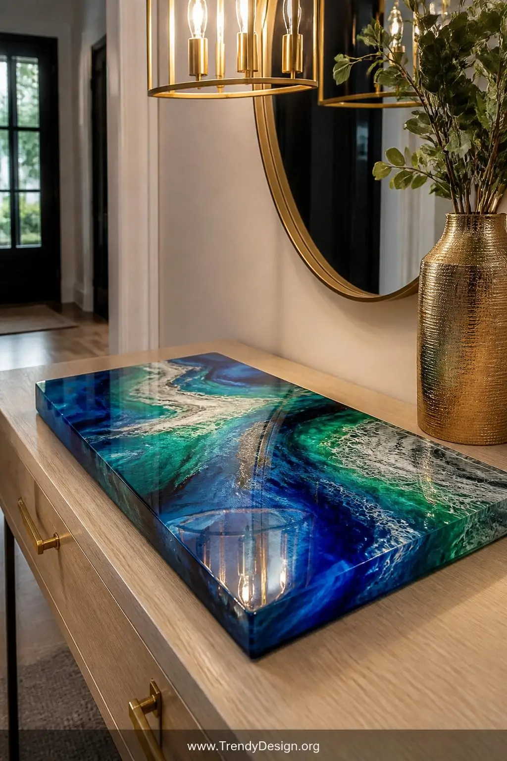 Close-up shot of a resin-topped acrylic pour painting resting on a white oak console table in a luxury entryway, the crystal-