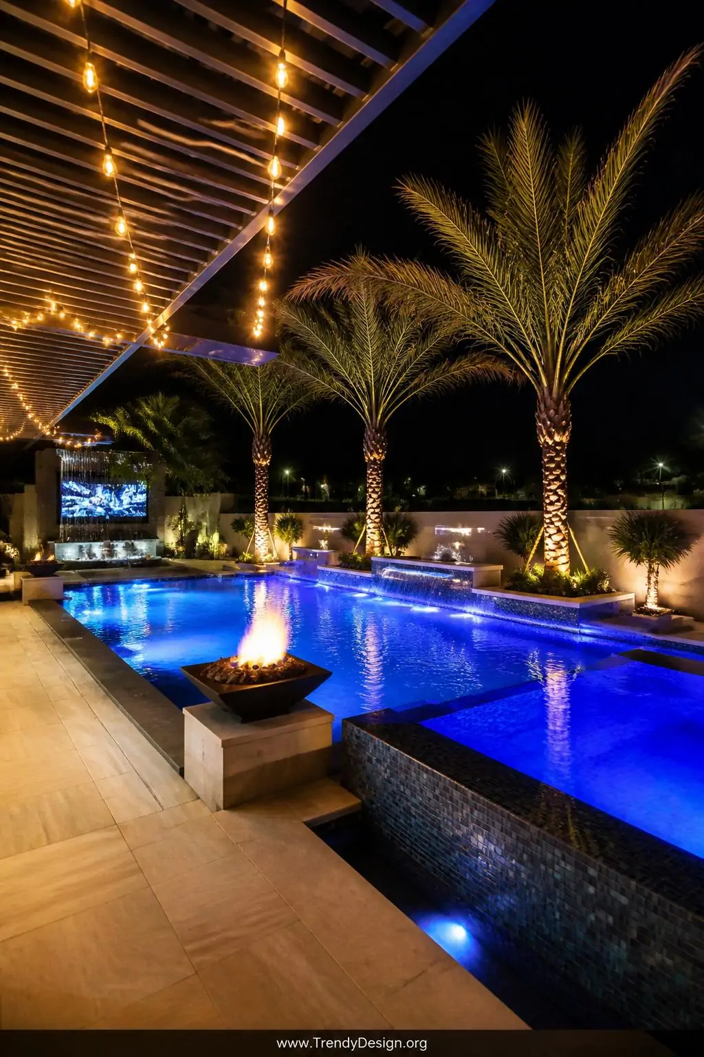 Wide photorealistic shot of a fully automated luxury backyard pool at night with every lighting layer simultaneously active —