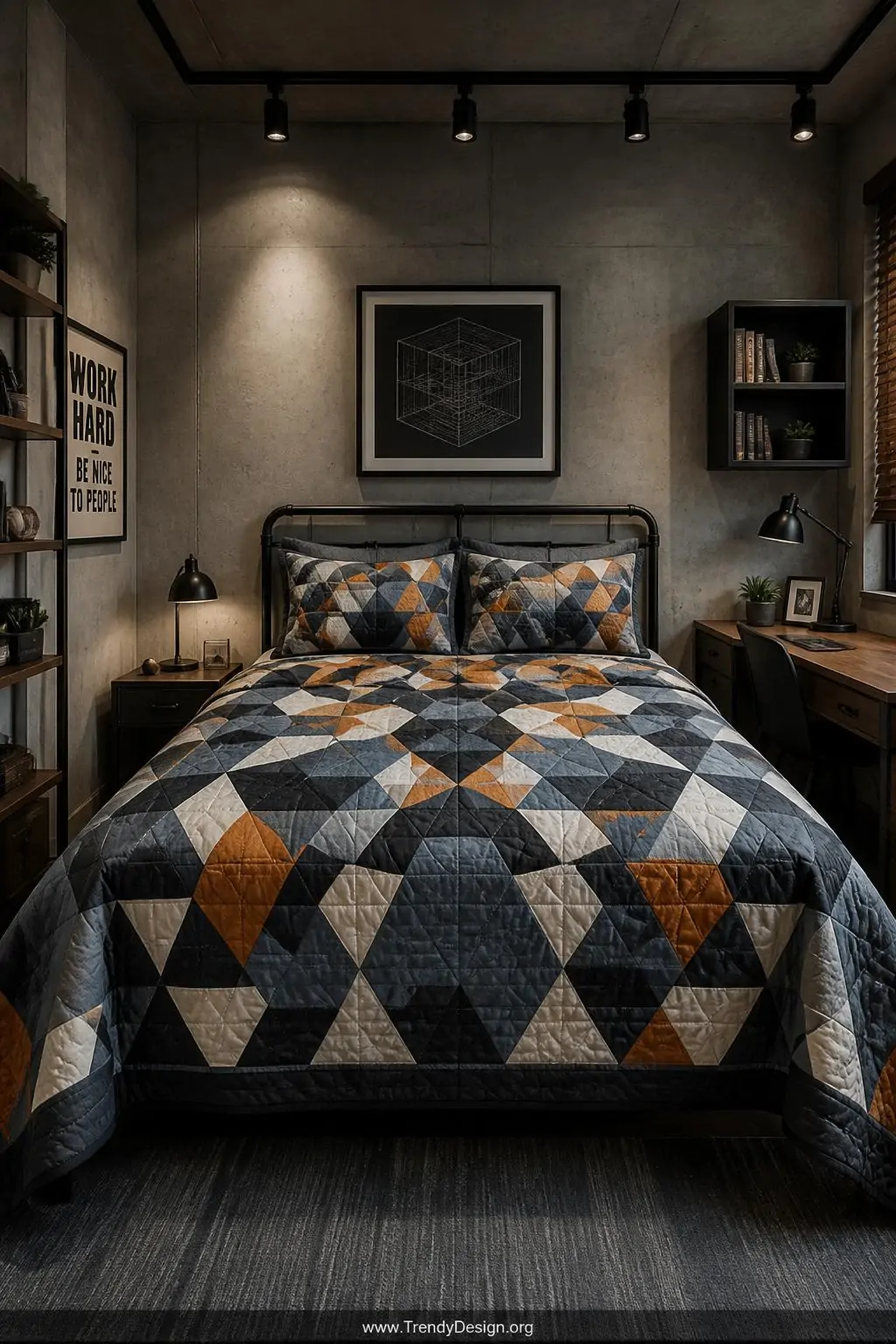 A wide shot of a sophisticated geometric sampler quilt displayed on a full size bed in a teenage boys room with exposed concr