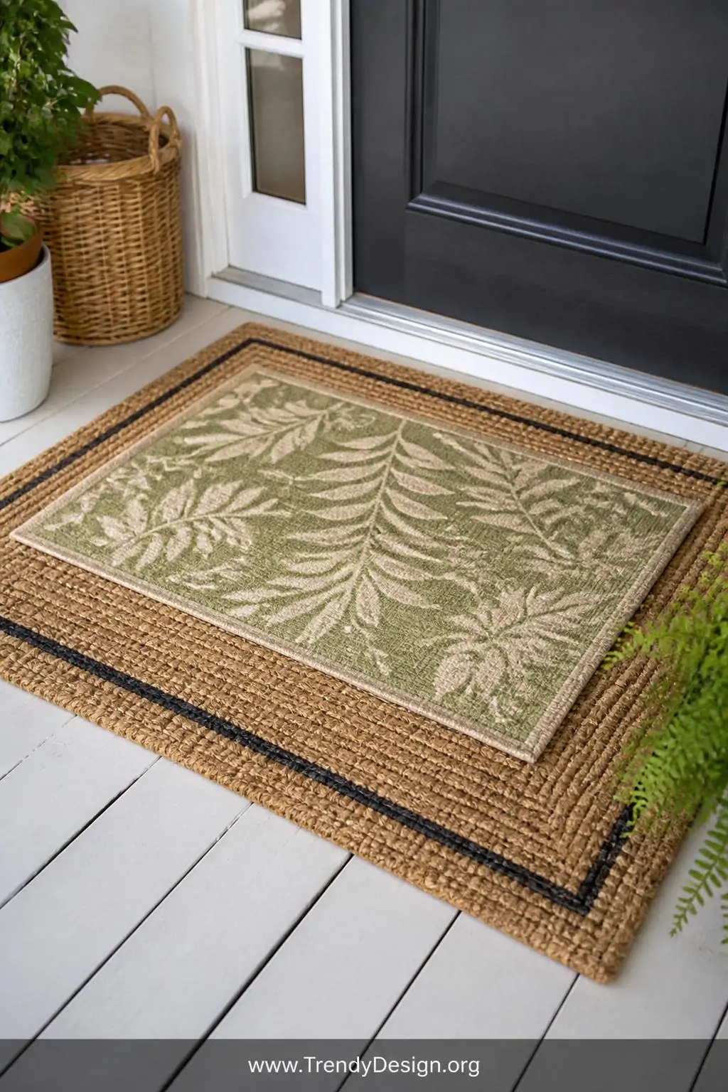 Closeup shot of a layered front door welcome mat display on a white-painted wood porch floor, a large natural coir mat with d