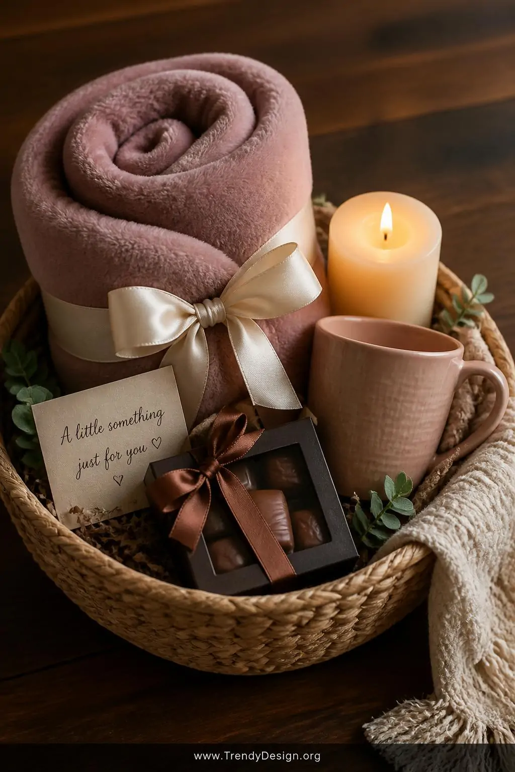 A medium-shot photorealistic styled flat-lay on a dark walnut surface showcasing a curated gift basket arrangement with a sof