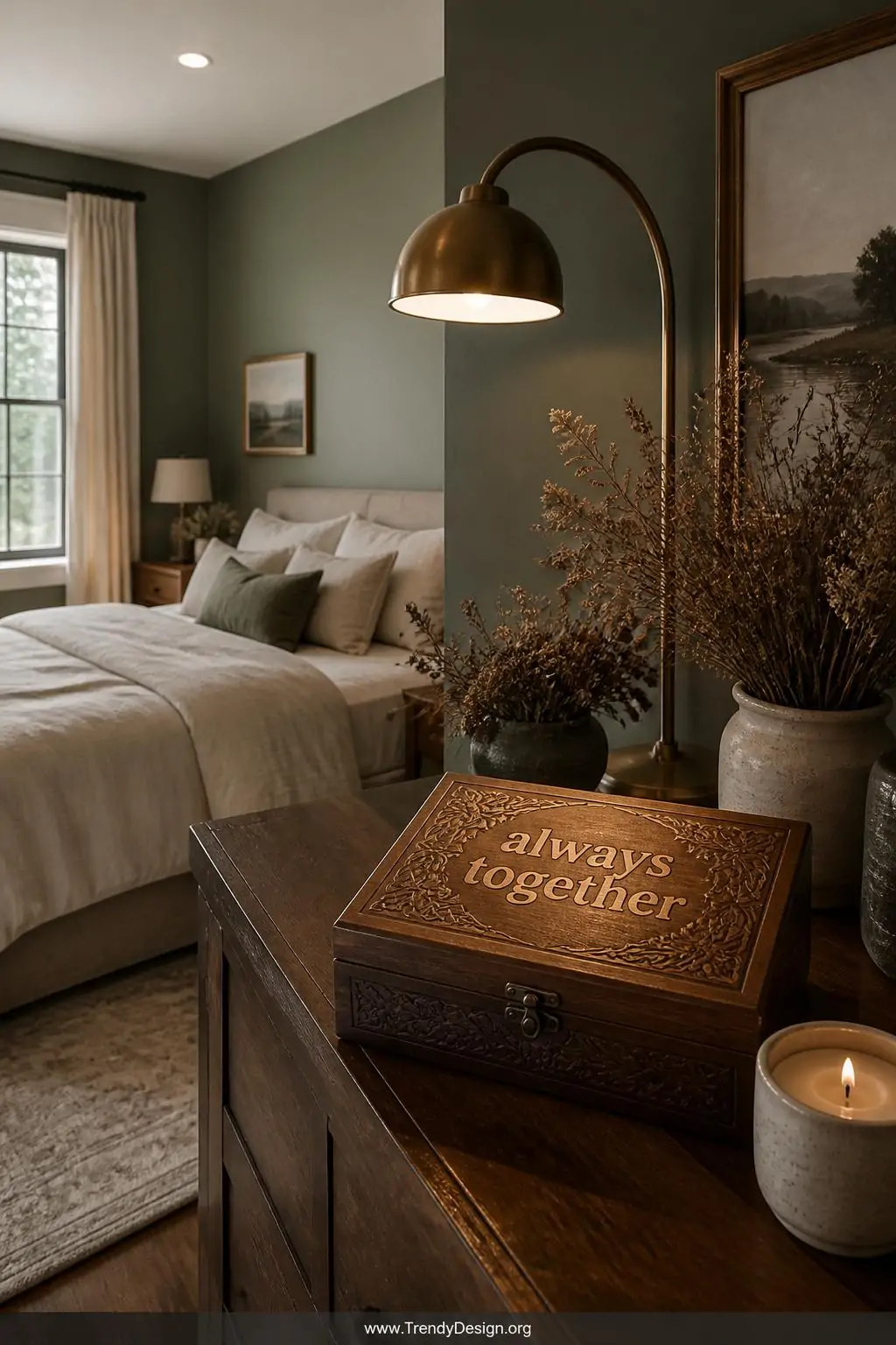 A wide-shot, photorealistic interior of a serene master bedroom with sage green walls, warm cream linen bedding, and a single