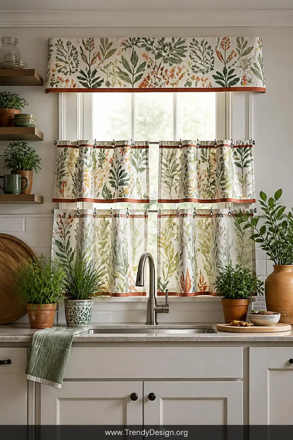 Colorful modern botanical tier curtains paired with a tailored matching valance layered over a kitchen sink window, medium shot, the cheerful pattern pulling greens and warm terracotta from surrounding ceramic dishware and potted herbs on the countertop below, photorealistic interior design.