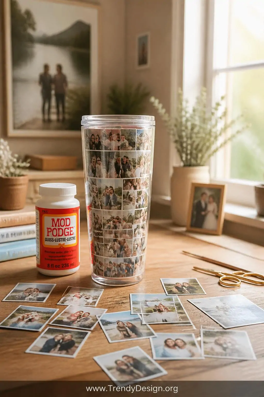 Clear resin tumbler covered in tiny printed photographs of friends pets and family moments on a sentimental craft table, decoupage glue bottle and mini photo prints surrounding it, soft warm nostalgic light, wide shot