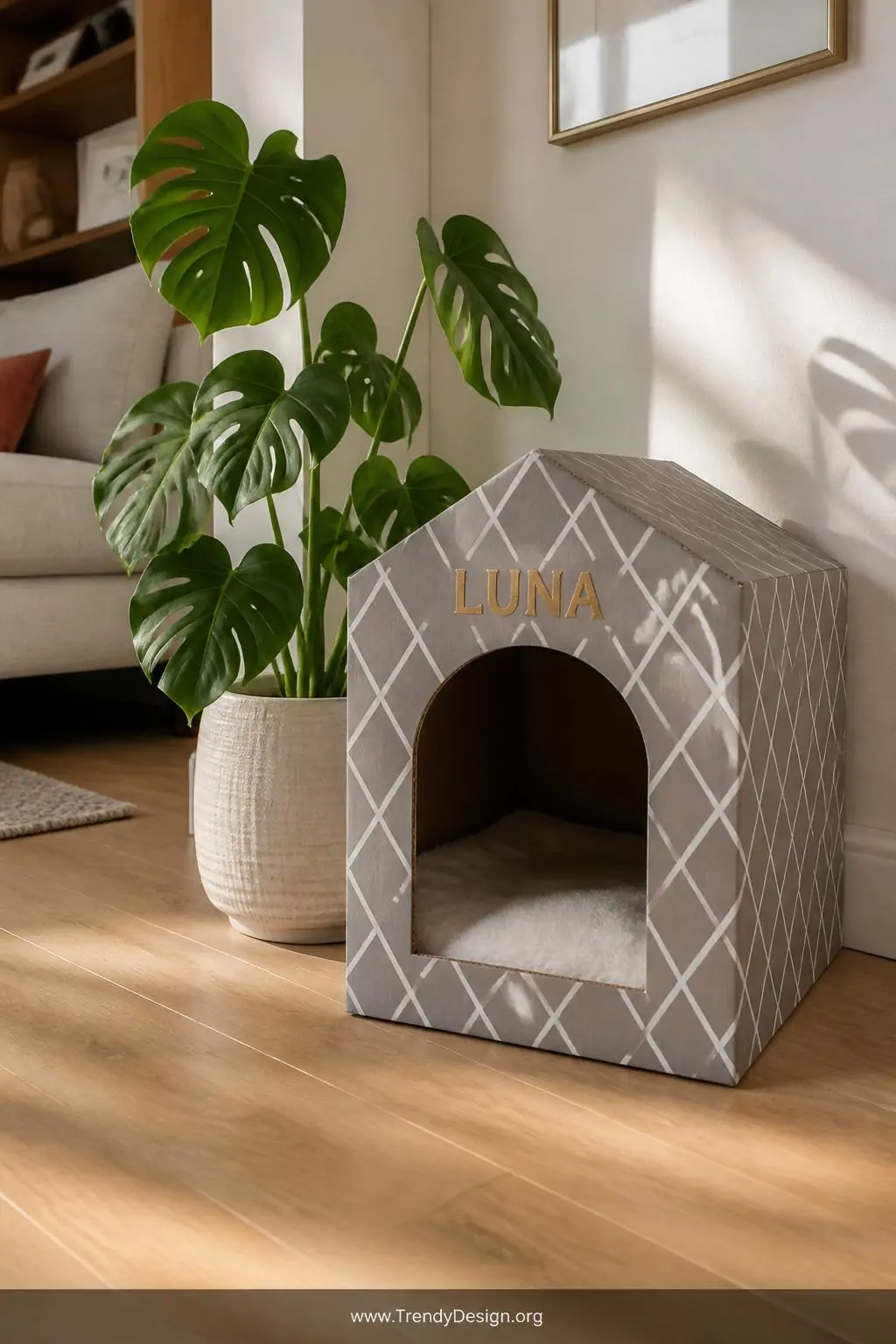 Painted cardboard cat cave with arched entrance, white geometric diamond pattern exterior, and pet name lettered above the door in gold, soft fleece blanket visible inside, sitting on light oak floors in a cozy living room corner beside a monstera plant, warm afternoon light, medium shot, photorealistic interior design