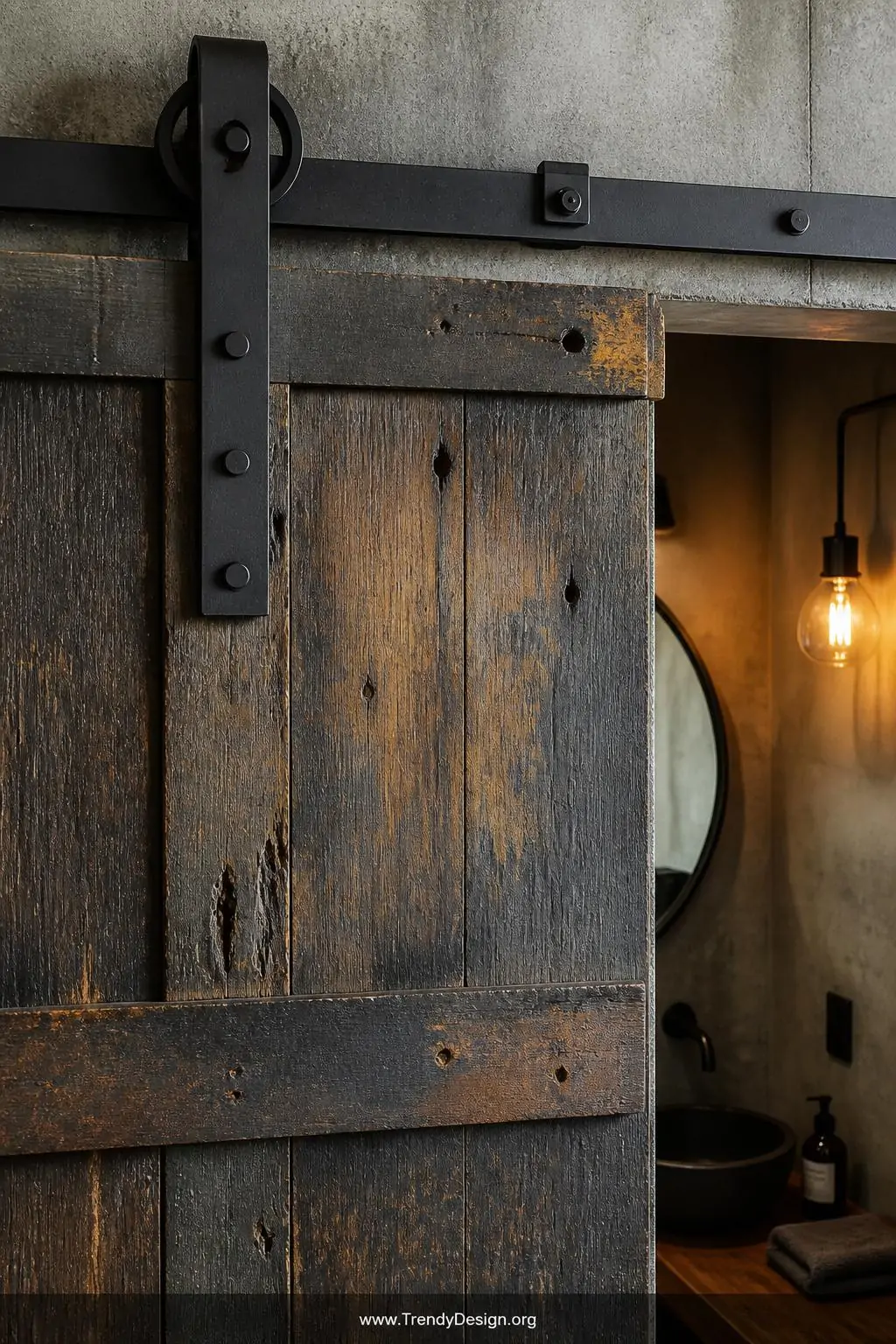 Weathered reclaimed wood sliding door with chunky matte black industrial steel track hardware mounted on a raw concrete bathroom wall, closeup shot, deep charcoal and rust wood grain texture with visible nail holes and aged patina, oversized black steel barn door strap hinges, warm Edison bulb glow catching wood surface details, photorealistic interior design.