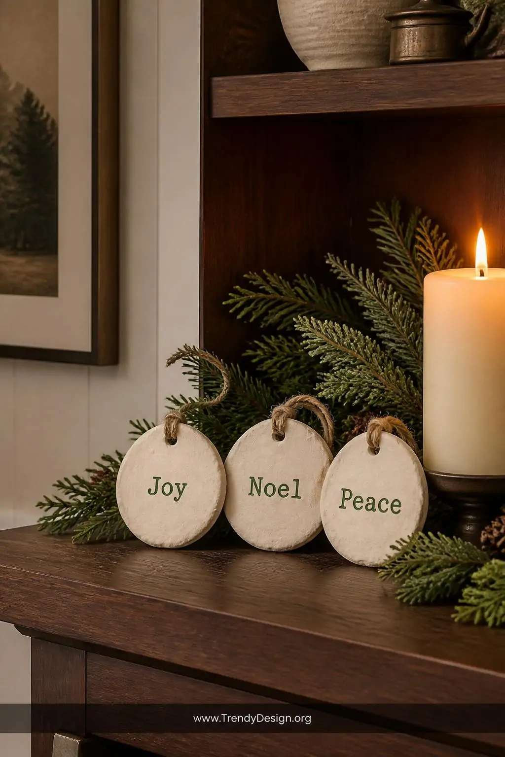 Cream salt dough tag ornaments stamped with the words Joy, Noel, and Peace in deep forest green lettering, arranged on a dark walnut shelf beside evergreen stems and a lit pillar candle, warm glowing light, medium shot