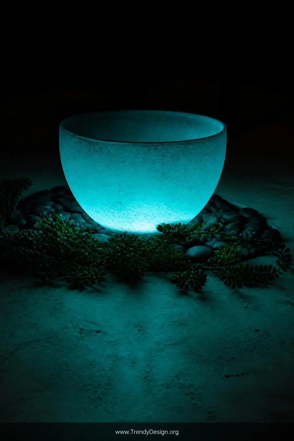 A smooth sealed concrete bowl glowing with an ethereal blue-green phosphorescent light sits among dark garden stones and trai