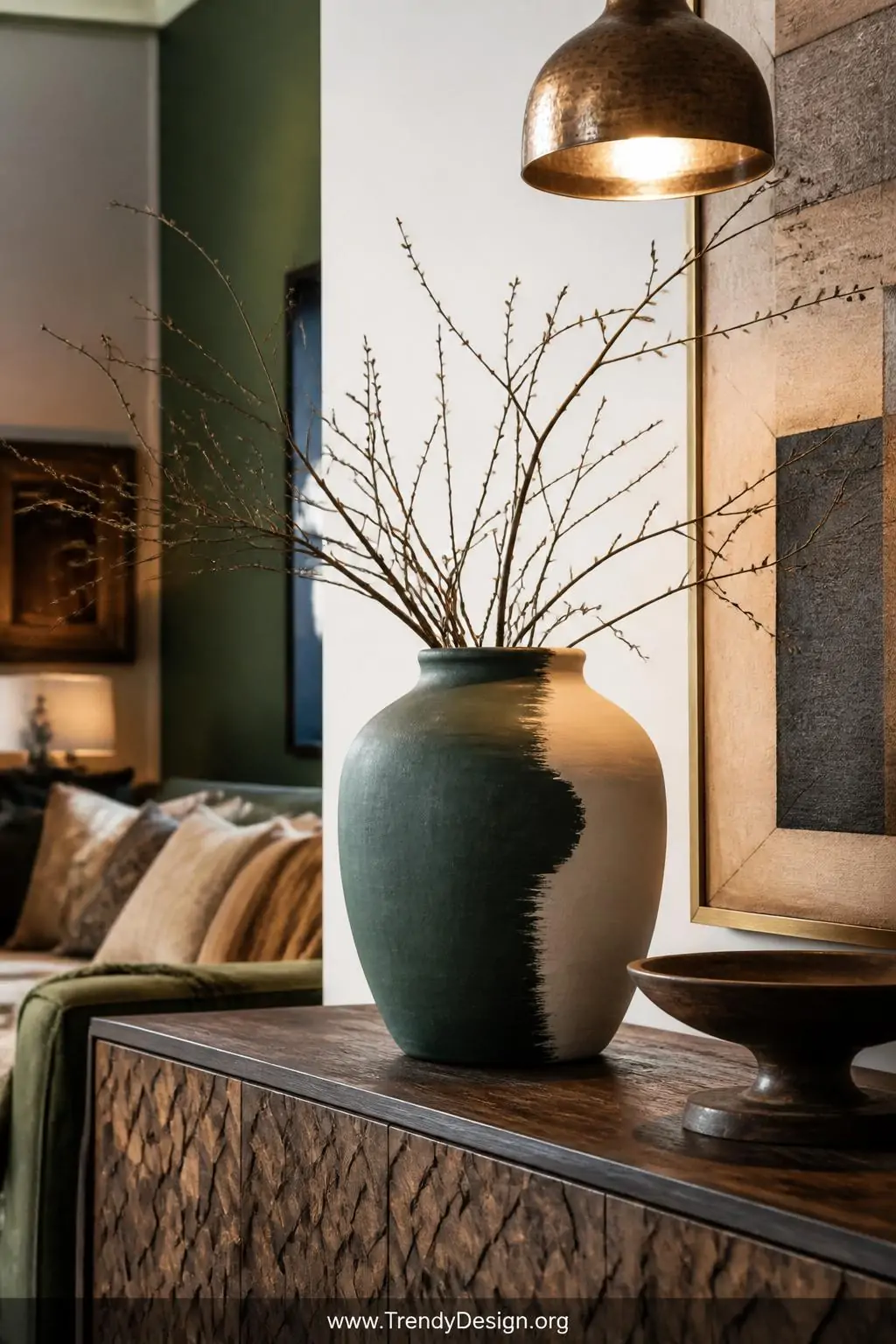Hand-painted concrete vase with deep forest green and creamy white color blocking holding bare branches on a styled sideboard, chalk paint matte finish catching warm pendant light, eclectic earthy living room backdrop with layered textiles, medium shot, photorealistic interior design, no people.