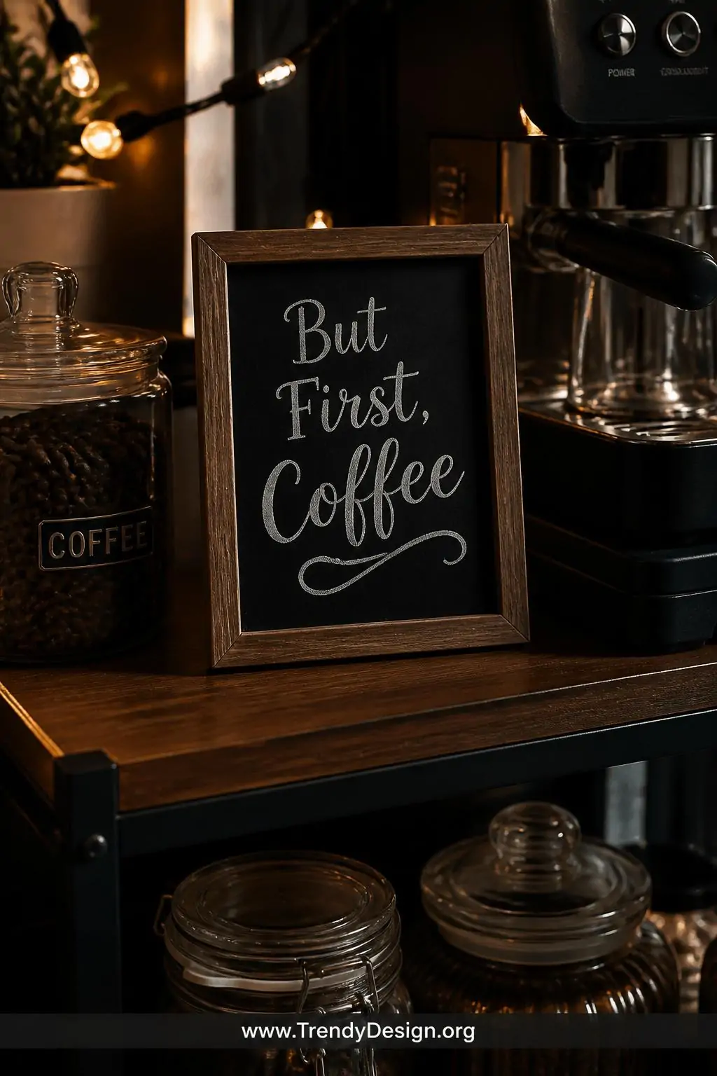 Small chalkboard-faced wooden framed coffee station sign reading 