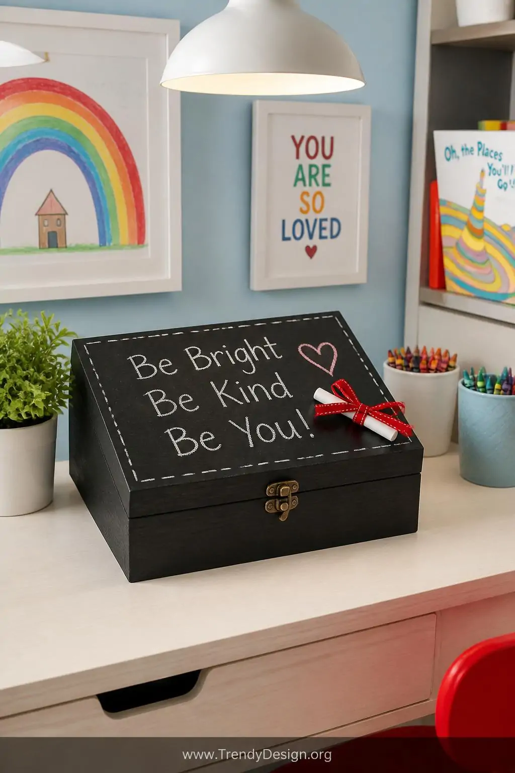 Chalkboard-painted black wooden note box with handwritten chalk lettering across the lid and a small white chalk marker tied with a red ribbon sitting on a colorful kids' room desk beside crayon cups and a small potted plant, bright overhead pendant light, medium shot showing the writable surface detail and cheerful styled vignette.