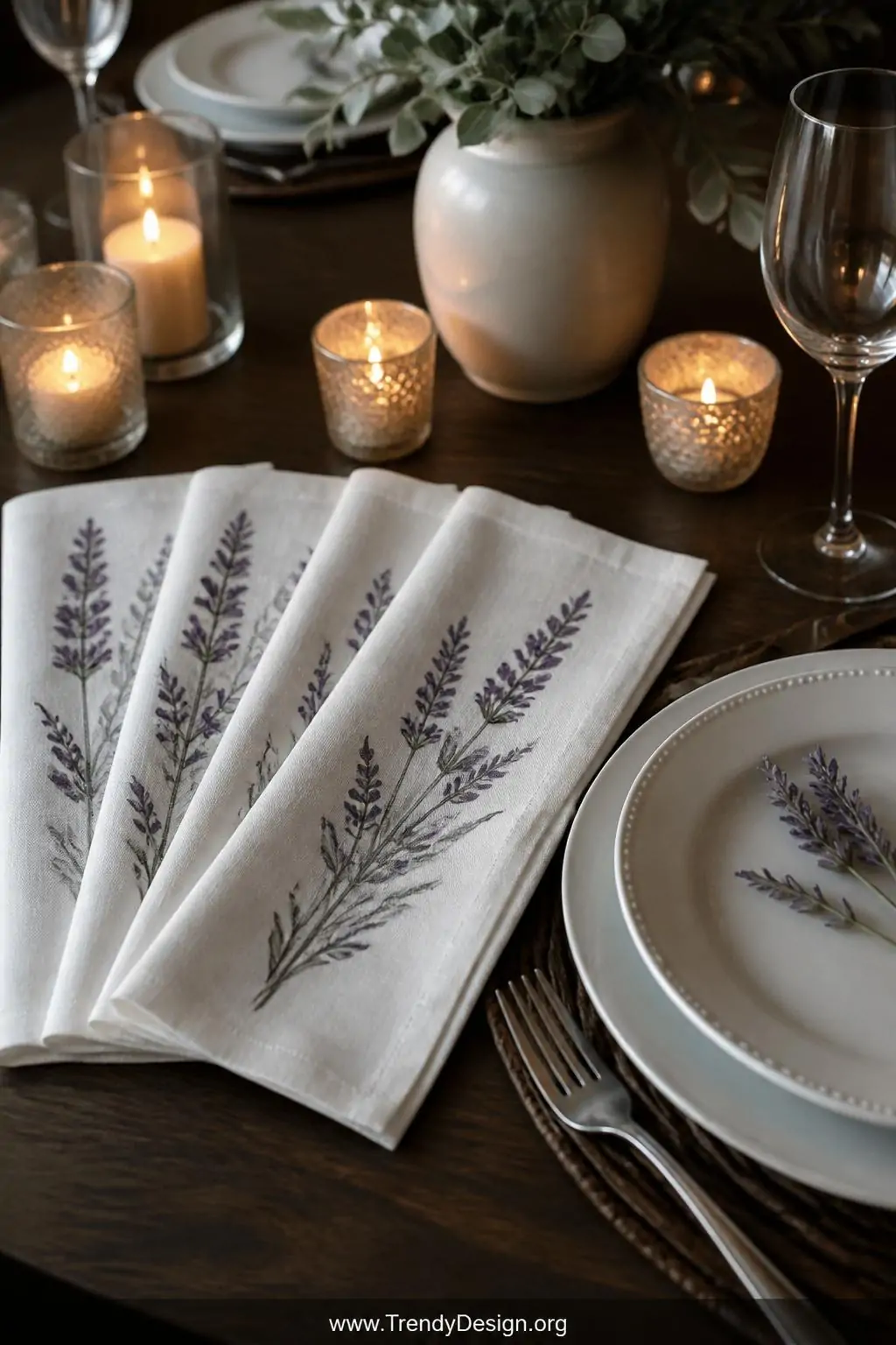 Set of linen cloth napkins with delicate lavender sprig paintings in soft purple and grey-green fanned across a dark walnut dining table beside flickering candlelight and simple white dinnerware, closeup shot of elegant tablescape.