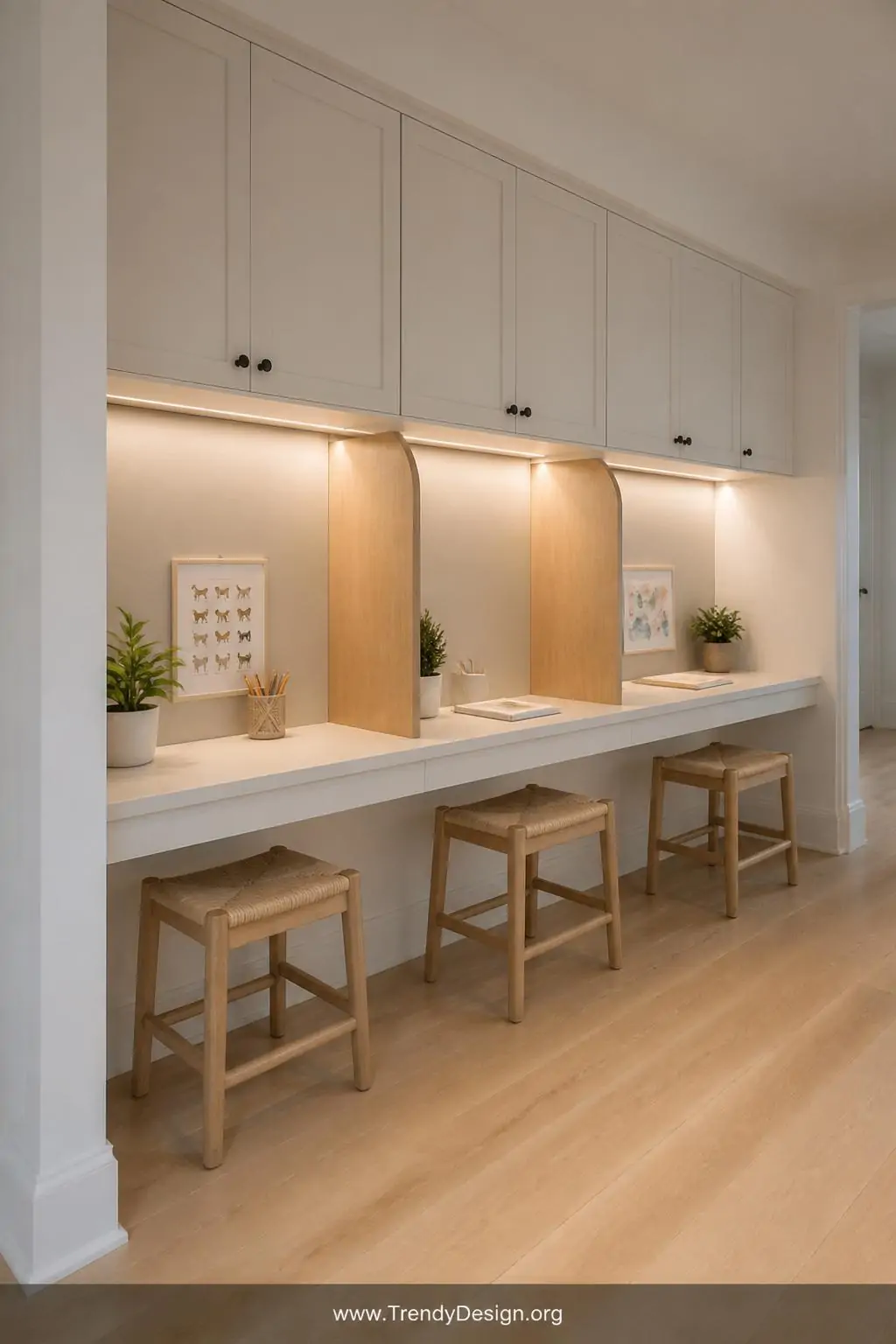 Long white study bar countertop with three wooden stools spaced evenly apart and low natural wood divider panels separating individual study zones, shared sibling homework station along a bright hallway wall, Scandinavian minimalist style, continuous under-cabinet LED strip lighting running the full length of the bar, wide shot showing all three individual sections in one frame, photorealistic interior design.