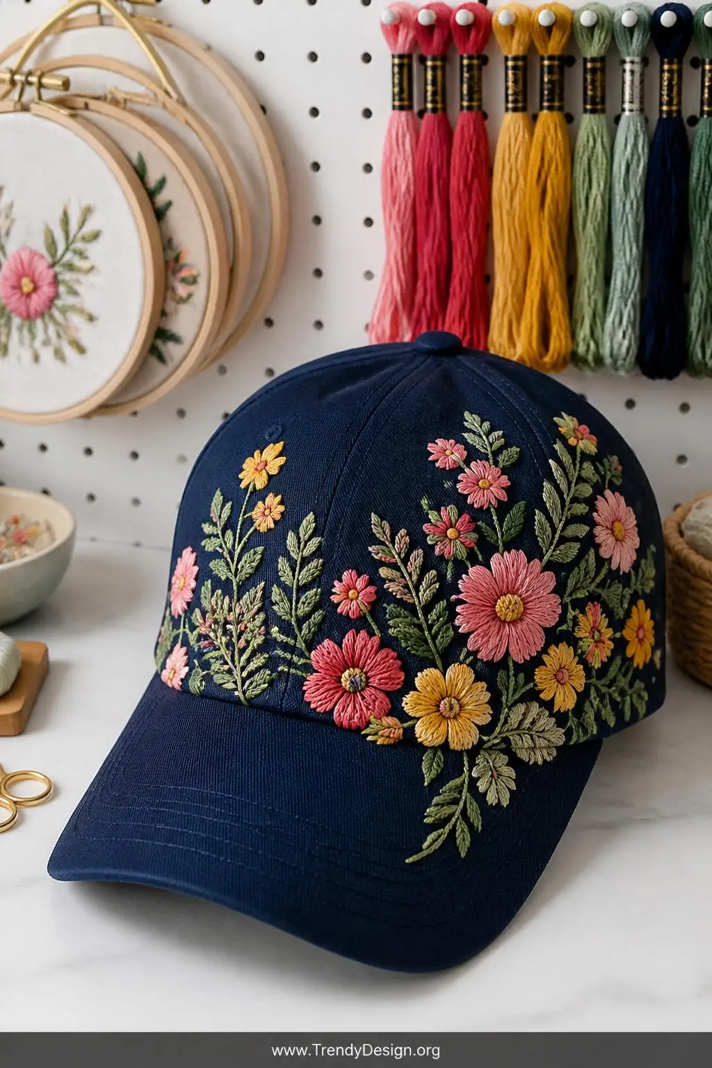 Plain navy blue baseball cap transformed with dense satin-stitch wildflower embroidery in pink, yellow, and sage green laid on a white pegboard craft wall beside embroidery hoops and colorful floss thread, bright studio lighting, closeup shot emphasizing the intricate hand-stitched blooms.