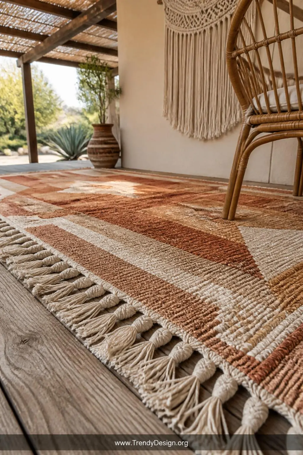 Boho fringe outdoor rug in warm ochre, rust, and cream woven tones under a covered pergola, closeup shot, tasseled edges resting against aged wood decking, rattan chair leg and trailing macramé wall hanging visible, soft diffused light filtering through woven pergola slats onto the richly textured surface.