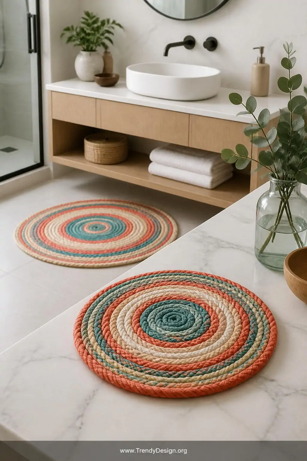 Braided embroidery floss coiled trivet and small accent rug placed on a white marble kitchen counter and pale oak vanity shelf, bright Scandinavian-style space, tight rainbow-banded coils in coral, teal, and cream forming neat circular shapes with a professional woven texture, clean natural daylight, wide shot.