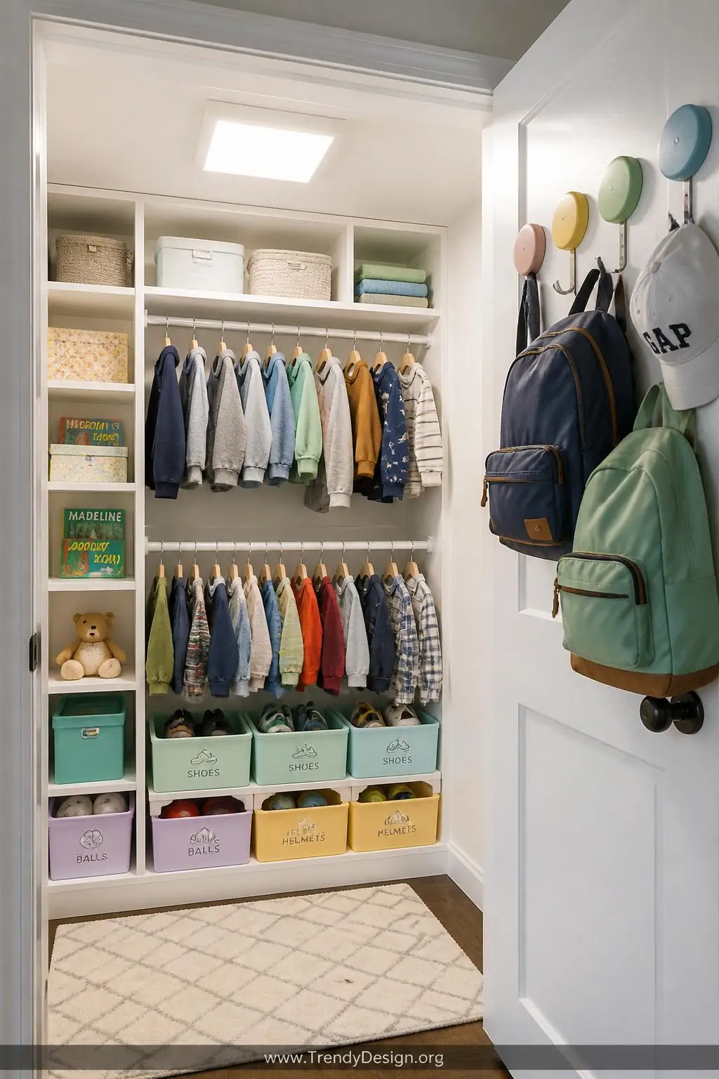 Inside a fully reimagined children's closet with white modular shelving units, two hanging rods installed at low child-access