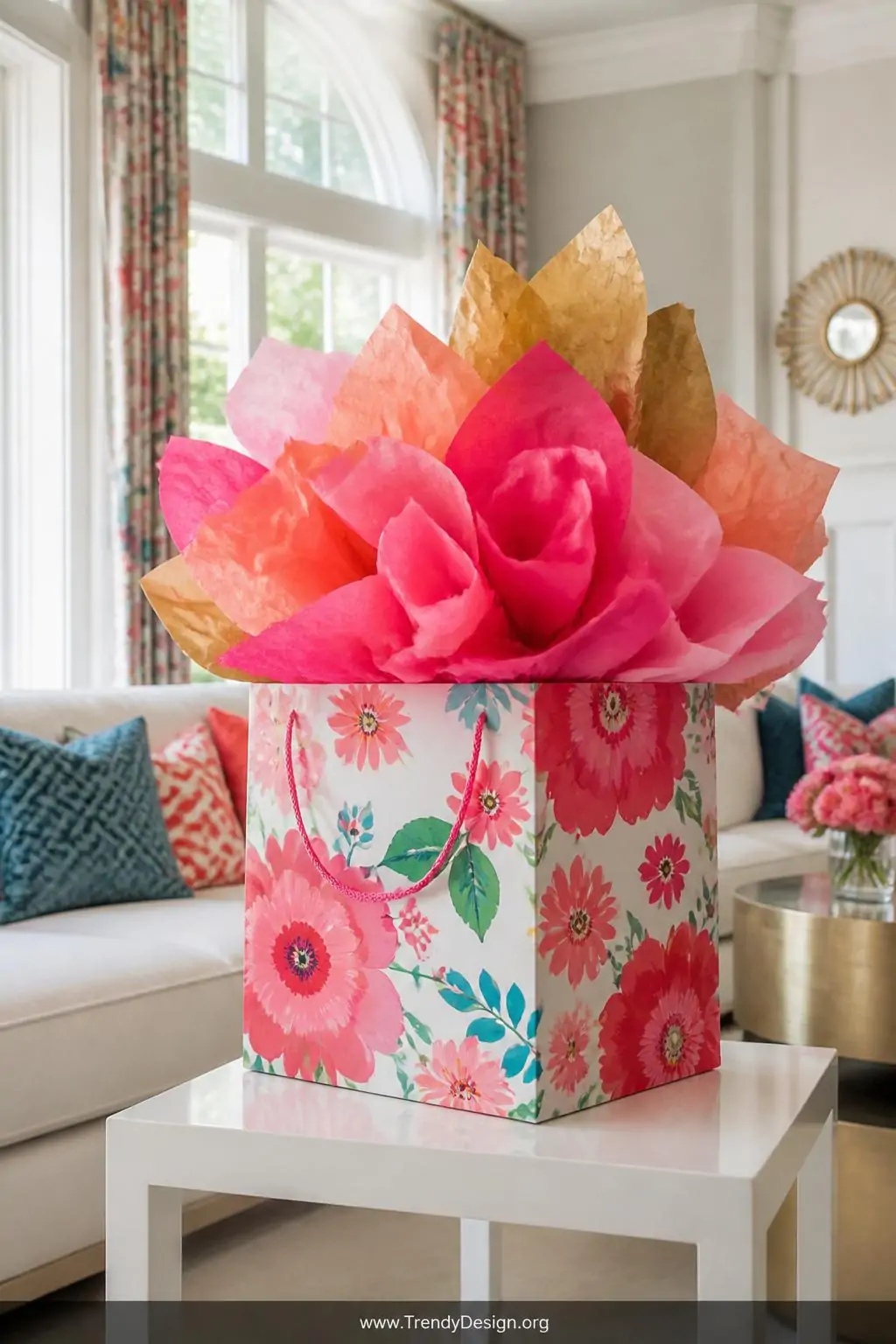 Oversized bright floral printed gift bag overflowing with billowing layers of hot pink, coral, and gold tissue paper exploding dramatically from the top, sitting on a white lacquered side table in a cheerful sunlit living room, wide shot.