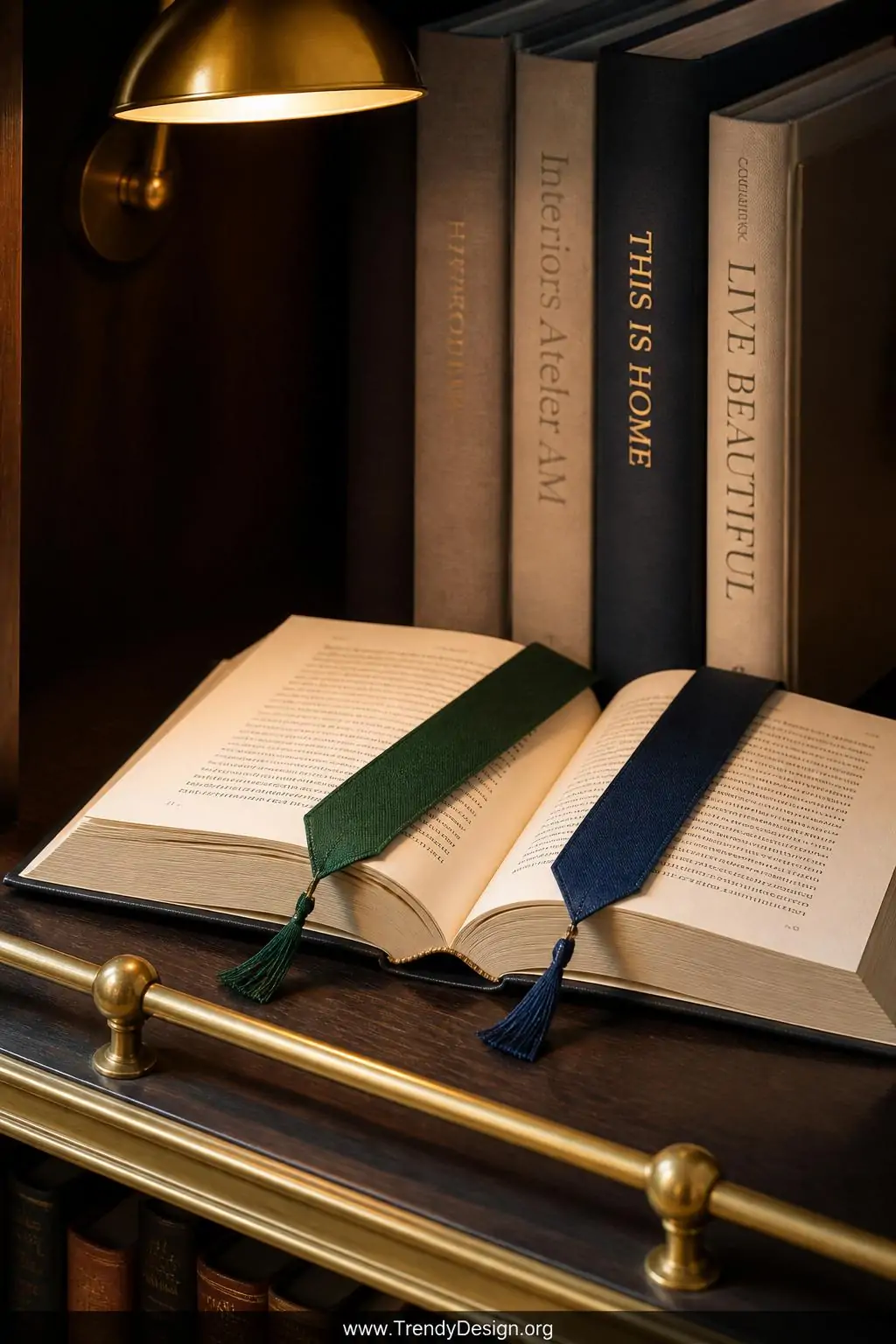 Pointed silk necktie bookmarks in emerald and navy with tiny tassels tucked inside an open hardcover book resting on a brass-accented reading nook shelf, warm reading lamp glow, closeup against stacked linen-bound books in a richly styled home library.