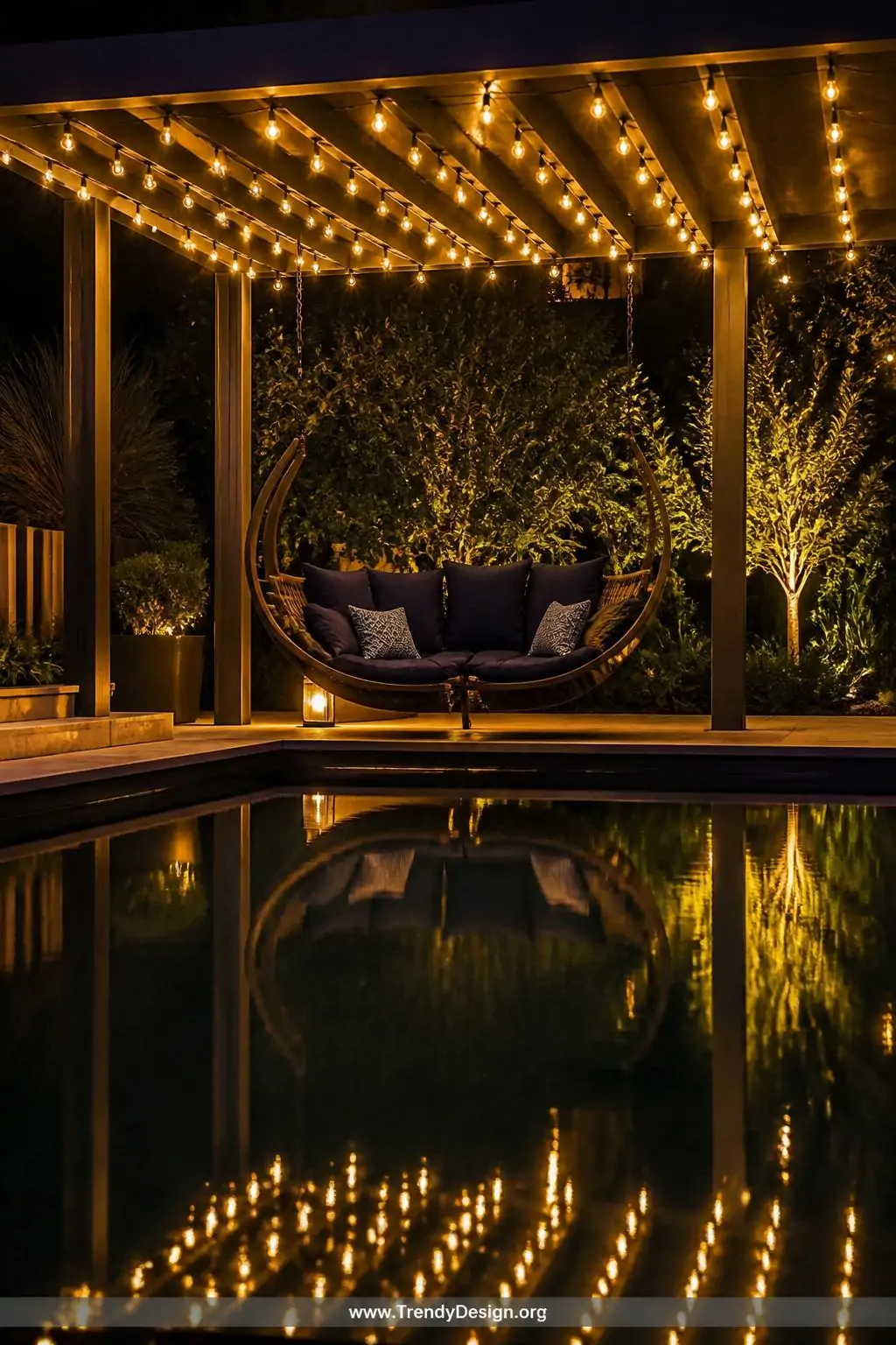 Pergola strung with warm-white Edison globe lights glowing over a hanging curved lounge swing above a dark still pool at night, soft 2700K light reflecting golden on the water surface, weatherproof cushions in deep navy on the swing, pergola beams disappearing into the glowing overhead canopy, wide nighttime shot capturing the magical reflection of lights on the pool.