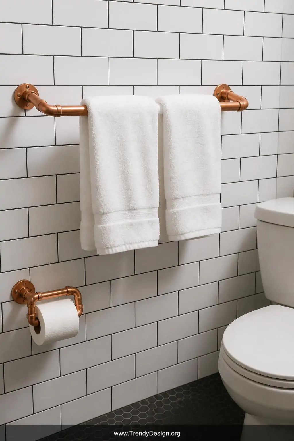 Matching copper pipe towel rack and toilet paper holder set in a white subway tile bathroom, thick rolled white cotton towels draped over the horizontal pipe against matte black grout lines, soft overhead lighting, wide shot.