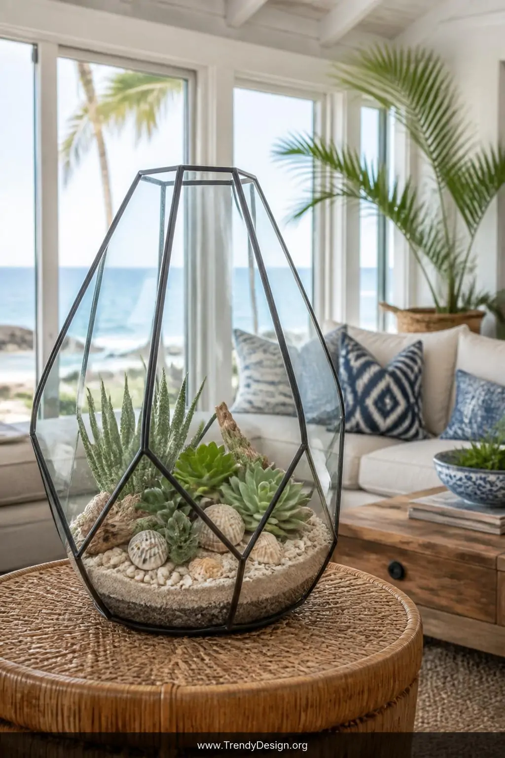 Large geometric glass terrarium on a rattan side table in a sun-filled coastal living room, filled with coarse sand, small clustered succulents, scattered shells, and tiny driftwood pieces, bright natural daylight, wide shot