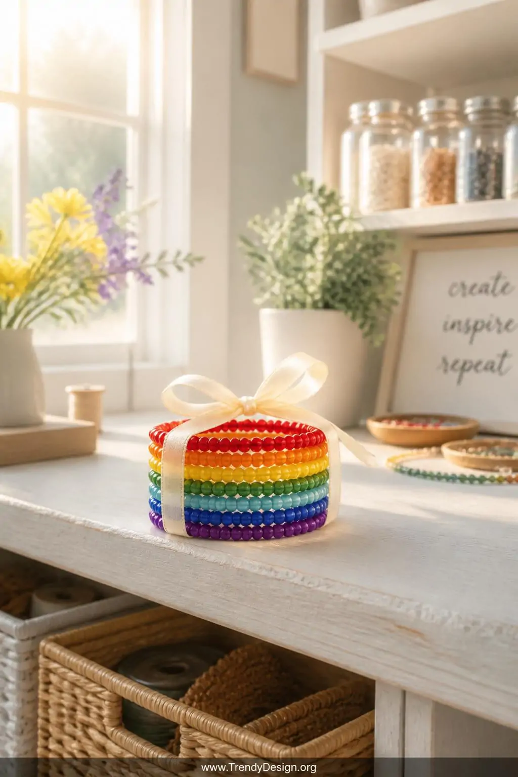 Seven slim single-color gemstone bracelets in full rainbow spectrum from red to violet bundled together with a satin ivory ribbon on a sunlit whitewashed wooden shelf, bright airy craft room setting, wide shot capturing the joyful full-color stack glowing in warm morning window light.