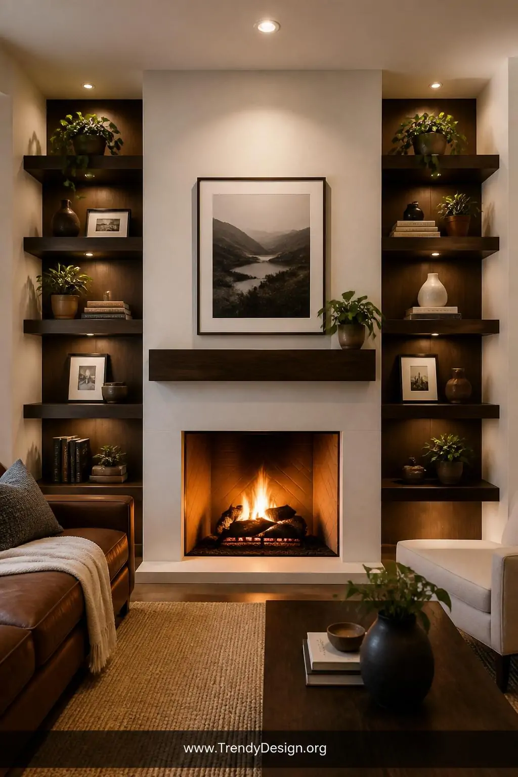 A wide photorealistic interior design shot of a living room fireplace flanked symmetrically by two sets of dark walnut floati