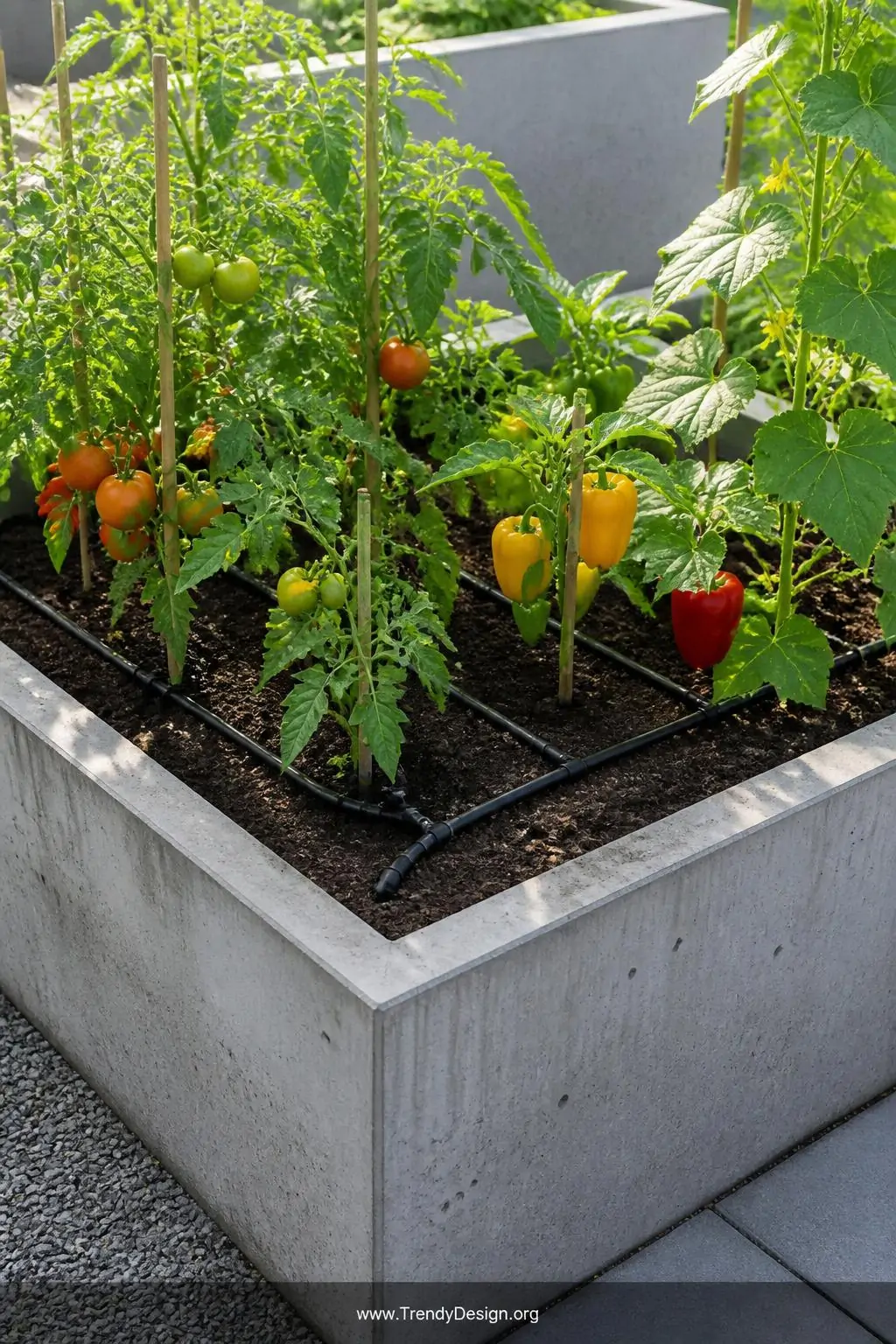 Concrete raised vegetable garden bed with visible drip irrigation tubing routed along the interior base, smart garden utility style, clean gray poured concrete walls surrounding deep dark loam soil with neatly staked tomato, pepper, and cucumber plants in vigorous growth, thin black irrigation lines threading between plant stems, bright morning light overhead, medium shot showing both the concrete structure and the irrigation system detail