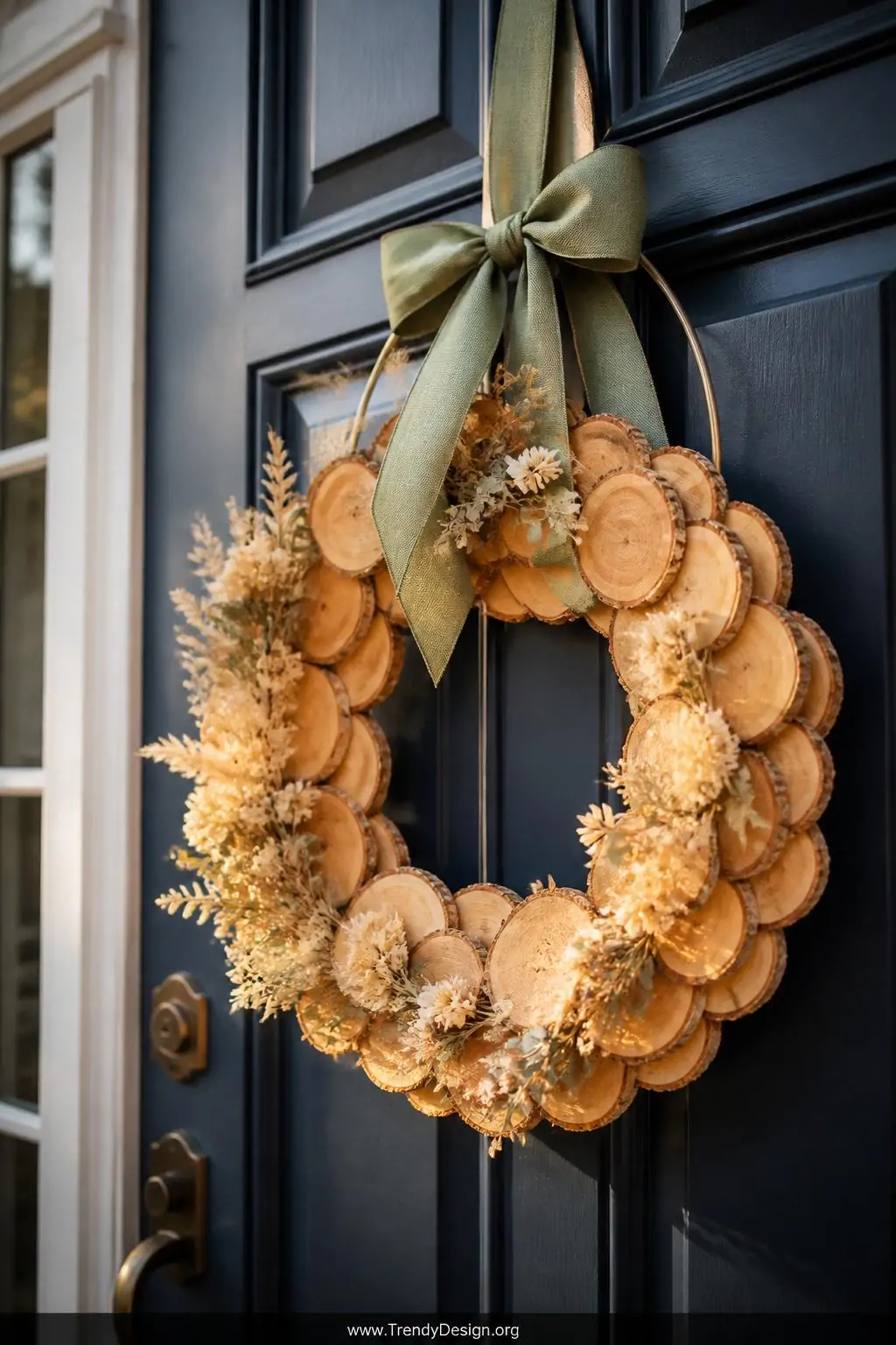 Closeup shot of a front door adorned with a handcrafted wood slice wreath on a wire frame, dozens of small thin slices glued 