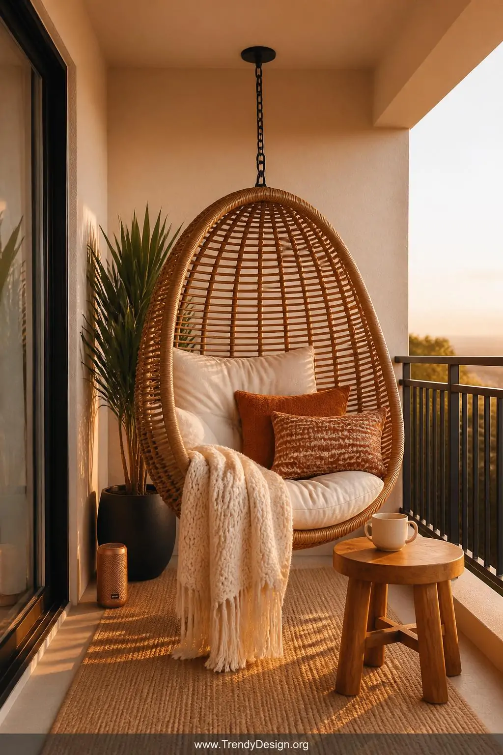 Wide shot of a dedicated relaxation corner featuring a caramel-toned wicker hanging egg chair with thick cream and terracotta