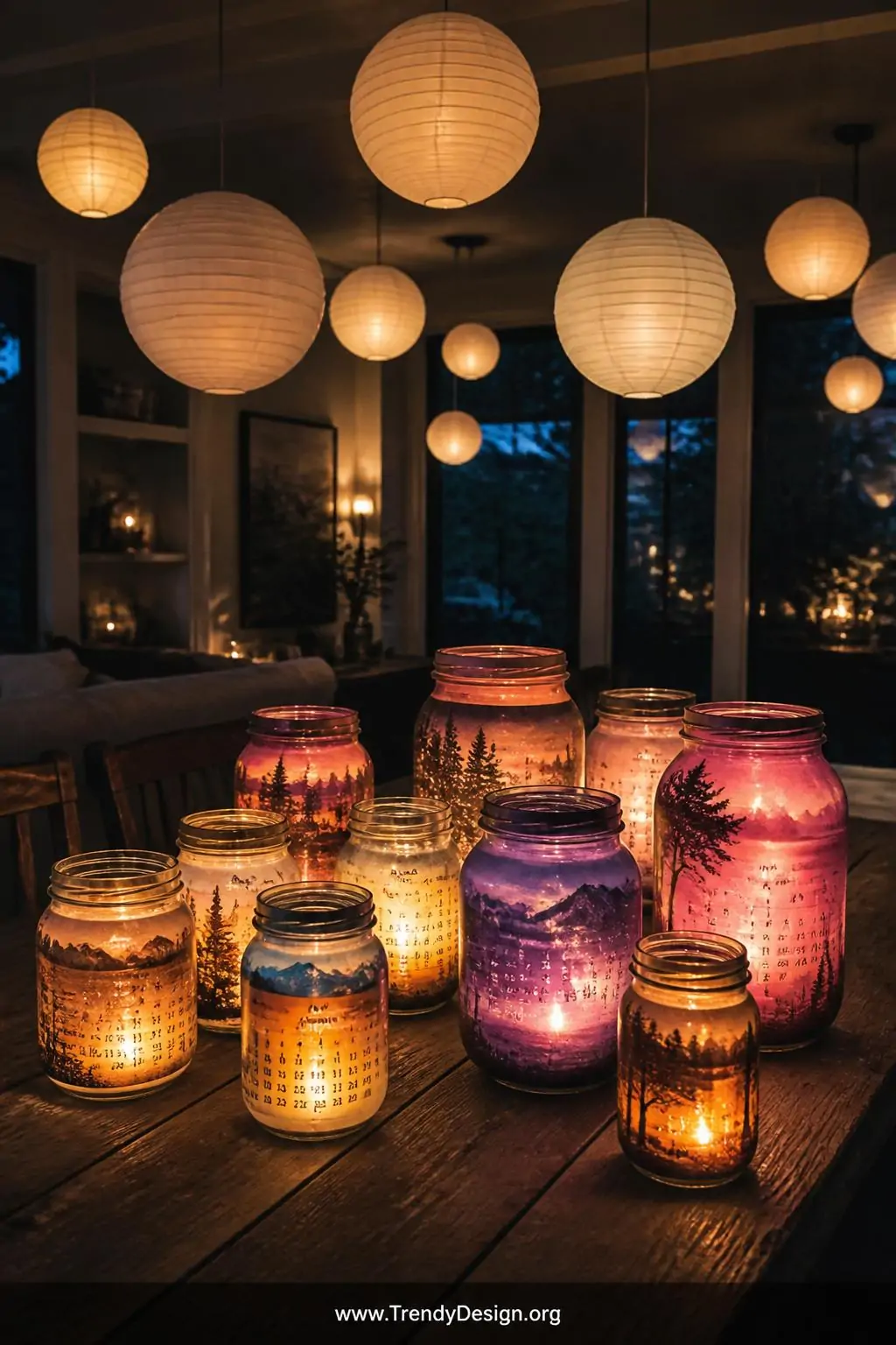 A cluster of glass mason jars wrapped in calendar pages featuring scenic landscape images in golden amber, deep violet, and w